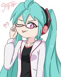 1girl :&gt; aged_down blue_hair breasts female_focus glasses hatsune_miku heart jua long_hair one_eye_closed pink_eyes shadow simple_background small_breasts solo tongue tongue_out vocaloid white_background