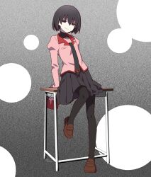Rule 34 | 1girl, absurdres, black eyes, black hair, black necktie, black pantyhose, black skirt, black undershirt, bob cut, brown shoes, commentary request, desk, empty eyes, film grain, full body, grey background, hair between eyes, highres, loafers, long sleeves, looking at viewer, manimani (mani ma), monogatari (series), naoetsu high school uniform, necktie, on desk, oshino ougi, pale skin, pantyhose, pink shirt, pleated skirt, school desk, school uniform, shirt, shoes, short hair, sitting, skirt, sleeves past fingers, sleeves past wrists, smile, solo