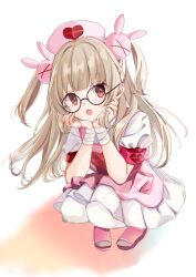 &gt;_&lt; 1girl :o apron armband bandaged_wrist bandages black-framed_eyewear brown_hair commentary_request dress fang glasses hair_ornament hands_up hat heart highres long_hair looking_at_viewer natori_sana natori_sana_(nurse) nurse nurse_cap pink_apron pink_hat pink_sandals pleated_dress puffy_short_sleeves puffy_sleeves rabbit_hair_ornament red_eyes rino_cnc round_eyewear sana_channel sandals short_sleeves solo squatting two_side_up very_long_hair virtual_youtuber white_background white_dress