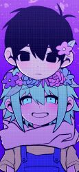Rule 34 | 2boys, basil (headspace) (omori), basil (omori), black eyes, black hair, blue overalls, blush, closed mouth, colored skin, expressionless, flower, green eyes, green hair, hair flower, hair ornament, head wreath, highres, hug, hug from behind, looking at another, male focus, multiple boys, my loleeta, omori, omori (omori), overalls, shirt, short hair, short sleeves, t-shirt, white skin, yellow shirt