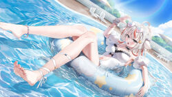1girl adjusting_eyewear ahoge bare_legs barefoot black_frills blush breasts detached_sleeves dress floating full_body hand_up highres impossible_clothes innertube large_breasts looking_at_viewer open_mouth original outdoors pool solo sunglasses swim_ring tight_clothes tight_dress white_dress yana_mori