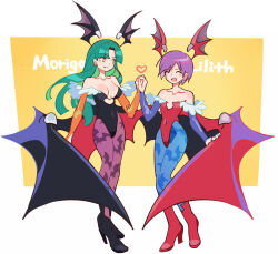 Rule 34 | 2girls, animal print, bat print, black leotard, boots, breasts, bridal gauntlets, character name, closed eyes, closed mouth, collarbone, commentary request, darkstalkers, futa yuri ryona, green hair, head wings, heart, high heel boots, high heels, leotard, lilith (darkstalkers), looking at another, morrigan aensland, multiple girls, open mouth, pantyhose, print pantyhose, purple hair, red leotard, smile, solo, strapless, strapless leotard, wings, yellow eyes