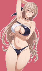 1girl areola_slip arm_behind_head arm_under_breasts arm_up armpits bikini black_bikini black_choker braid breasts brown_hair choker collarbone commentary commission cosplay covered_erect_nipples fuooooo furen_e_lustario hair_between_eyes highres large_breasts long_hair looking_at_viewer multicolored_bikini navel nijisanji pixiv_commission presenting_armpit red_background red_eyes simple_background smile solo sweat swimsuit thighs two-tone_bikini virtual_youtuber vspo! wet white_bikini yakumo_beni yakumo_beni_(3rd_anniversary) yakumo_beni_(cosplay)