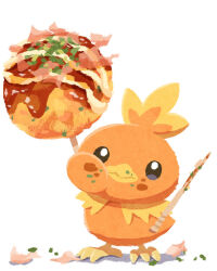 bird commentary_request eating food food_in_mouth gen_3_pokemon looking_at_viewer miclot nintendo no_humans pokemon pokemon_(creature) simple_background solo takoyaki torchic white_background