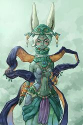 1girl :&gt; absurdres animal_nose arm_at_side artist_name bare_shoulders blue_gemstone blue_shawl blue_shirt blush body_fur bracelet breasts center_opening closed_mouth colored_eyelashes female_focus furry furry_female gem gold green_eyes green_fur green_headwear green_skirt grey_background hagoromo hand_on_own_chest hand_up happy helmet highres jewelry looking_at_viewer magatama mineru_(zelda) multiple_rings navel neck_ring necklace nintendo pepper_gecko72 purple_nails rabbit_ears rabbit_girl ring shawl shirt short_hair sidelocks signature skirt small_breasts smile solo standing stomach strapless strapless_shirt the_legend_of_zelda the_legend_of_zelda:_tears_of_the_kingdom third_eye twitter_username white_hair zonai