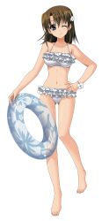Rule 34 | 1girl, absurdres, anime coloring, barefoot, bikini, blue eyes, bracelet, breasts, brown hair, closed mouth, collarbone, commentary request, flower, frilled bikini, frills, full body, gluteal fold, hair flower, hair ornament, hand on own hip, higa yukari, highres, holding, holding swim ring, innertube, jewelry, looking at viewer, lyrical nanoha, mahou shoujo lyrical nanoha strikers, medium breasts, medium hair, navel, one eye closed, simple background, solo, standing, standing on one leg, swim ring, swimsuit, toes, transparent innertube, white background, white bikini, yagami hayate