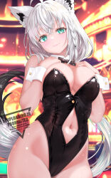 1girl absurdres alternate_costume animal_ear_fluff animal_ears bare_arms bare_shoulders black_bow black_bowtie black_leotard blue_eyes blush bow bowtie braid breasts closed_mouth crossed_bangs detached_collar fox_ears fox_girl fox_tail hair_between_eyes hand_on_own_chest highleg highleg_leotard highres hololive large_breasts leotard long_hair looking_at_viewer multicolored_hair navel nontraditional_playboy_bunny revision shirakami_fubuki sidelocks single_braid smile solo strapless strapless_leotard tail two-tone_hair virtual_youtuber wakaunderblade7 white_hair