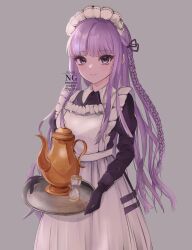 1girl apron black_dress black_gloves braid churu_(chu1e0) danganronpa_(series) dress frills gloves hair_ribbon highres kirigiri_kyoko long_hair looking_at_viewer maid maid_apron maid_headdress ribbon side_braid solo