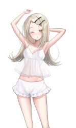 1girl :o absurdres armpits arms_up babydoll blonde_hair blush breasts cleavage colored_eyelashes commentary_request contrapposto cowboy_shot crop_top fingernails frilled_shorts frills gakuen_idolmaster hair_ornament hairclip highres idolmaster io_07 long_hair looking_at_viewer medium_breasts midriff navel one_eye_closed orange_eyes parted_lips see-through_clothes shinosawa_hiro short_shorts shorts simple_background sleepwear sleeveless solo standing straight_hair stretching white_babydoll white_background white_shorts