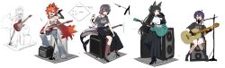 4girls absurdres animal_ears bass_guitar bear_ear_hairband belle_(zenless_zone_zero) black_choker black_coat black_hair black_shirt black_skirt blue_hair blue_pants choker coat coat_on_shoulders colored_inner_hair crop_top elbow_gloves electric_guitar ellen_joe fins fish_tail flame_print fox_ears fox_girl gachop99 gloves guitar hair_ornament high_heels highres holding holding_guitar holding_instrument holding_microphone hoshimi_miyabi instrument kneehighs koleda_belobog letter_hair_ornament long_hair long_skirt microphone multicolored_hair multiple_girls music pants red_eyes red_hair shark_girl shark_tail shirt singing single_elbow_glove single_off_shoulder sitting skirt smile socks tail torn_clothes torn_pants white_shirt zenless_zone_zero
