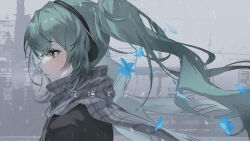 1girl absurdres aqua_eyes aqua_hair black_shirt blue_flower blurry blush colored_skin commentary_request depth_of_field flower grey_background grey_scarf hatsune_miku headphones highres kiduki long_hair looking_to_the_side partial_commentary profile scarf shirt solo tears translated twintails vocaloid white_skin wind yoru_naderu_menou_(vocaloid)