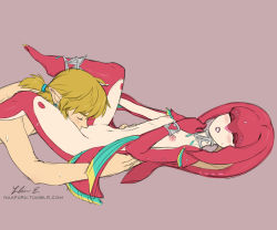1boy 1girl blonde_hair blush breasts closed_eyes colored_skin cunnilingus earrings fish_girl hetero jewelry link lipstick makeup mipha monster_girl nintendo nude nurple oral red_skin small_breasts sweat the_legend_of_zelda the_legend_of_zelda:_breath_of_the_wild zora