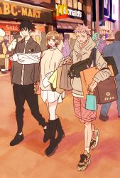 2girls 5boys animal arm_up bag black_eyes black_footwear black_hair black_pants black_shirt boots brown_eyes brown_hair brown_hoodie brown_jacket choso_(jujutsu_kaisen) closed_mouth collared_shirt earrings elbow_carry eso_(jujutsu_kaisen) facial_mark fushiguro_megumi hair_between_eyes handbag highres holding holding_bag hood hood_down hoodie inumaki_toge itadori_yuuji jacket jewelry jujutsu_kaisen kechizu_(jujutsu_kaisen) kugisaki_nobara long_sleeves looking_at_another looking_away mcdonald&#039;s monster multiple_boys multiple_girls open_mouth outdoors panda panda_(jujutsu_kaisen) pants pink_hair pink_shorts satchel shirt shoes shopping_bag short_hair shorts skirt sneakers spiked_hair standing swept_bangs takeuchi_ryousuke walking white_shirt white_skirt yellow_shoes zen&#039;in_maki