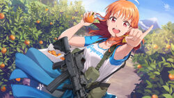 1girl 2025 ahoge arm_up artist_logo assault_rifle bag blue_jacket blue_sky bow breasts cleavage clothes_around_waist dated_commentary dutch_angle food fruit galil_ace grey_skirt gun hair_bow highres hiroki_ree holding holding_food holding_fruit jacket jacket_around_waist logo looking_at_viewer love_live! love_live!_sunshine!! magazine_(weapon) mandarin_orange medium_breasts medium_hair mount_fuji open_mouth orange_(fruit) orange_hair pinky_out pleated_skirt red_eyes rifle shirt shoulder_bag skirt sky smile solo takami_chika teeth upper_teeth_only weapon white_shirt yellow_bow