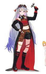 2ababa9 2girls absurdres ahoge belt black_boots black_shorts blonde_hair boots colored_inner_hair cosplay cropped_sweater face_jewel full_body gem goggles goggles_on_head grey_hair hammer highres holding holding_hammer hololive hololive_english hololive_indonesia jewel_under_eye kaela_kovalskia kaela_kovalskia_(4th_costume) kaela_kovalskia_(cosplay) koseki_bijou long_coat long_hair looking_at_viewer midriff multicolored_hair multiple_girls naked_towel navel purple_eyes purple_gemstone purple_hair red-tinted_eyewear red_eyes ribbed_sweater shorts simple_background smile smug solo_focus sweater tinted_eyewear towel very_long_hair virtual_youtuber white_background