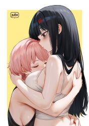 2girls black_hair breasts hug huge_breasts multiple_girls pink_hair regiana_(jubi) tagme yuri