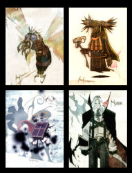 1boy 1other belt black_belt black_cloak black_gloves black_pants black_ribbon brown_cloak cloak closed_mouth commentary_request cowboy_shot cyanporoco dracula_(ragnarok_online) full_body glint gloves holding holding_staff hornet_(ragnarok_online) korean_commentary looking_at_viewer marduk_(ragnarok_online) medium_hair monster myst_(ragnarok_online) neck_ribbon official_art pants ragnarok_online ribbon shield shirt staff suspenders vampire wasp white_hair white_shirt