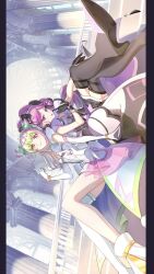 Rule 34 | 2girls, bare arms, bare shoulders, black gloves, black hair, black socks, blonde hair, blunt bangs, boots, braid, bubble skirt, church, closed mouth, crossed legs, cure kiss, cure zukyuun, detached sleeves, dress, elbow gloves, finger gun, fortissimo, full body, gloves, gradient hair, green hair, hair extensions, hair ornament, hair ribbon, hair tie, hair wings, half gloves, high heels, highres, kimi to idol precure, knee boots, kneehighs, long hair, mature female, meroron (civilian) (precure), meroron (precure), multicolored hair, multiple girls, musical note, musical note hair ornament, parted bangs, pink eyes, pink hair, precure, puffy dress, puffy sleeves, purirun (civilian) (precure), purirun (precure), purple dress, purple eyes, ribbon, short dress, single bare leg, single bare shoulder, single detached sleeve, single kneehigh, single sock, sitting, sitting on stairs, sitting sideways, skirt, smirk, socks, stairs, twin braids, twintails, very long hair, white dress, white gloves, wing hair ornament, wrist cuffs