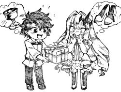 1boy 1girl baobhan_sith_(fate) baobhan_sith_(first_ascension)_(fate) blush dress fate/grand_order fate_(series) frilled_dress frills fujimaru_ritsuka_(male) gift greyscale hair_ornament hands_on_own_face highres image_in_thought_bubble long_hair monochrome open_mouth rikohaiji_go short_hair sidelocks smile speech_bubble thought_bubble