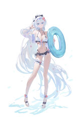 1girl absurdres ahoge alternate_costume artist_name bare_legs bikini blue_eyes breasts flower frilled_thigh_strap full_body hair_flower hair_ornament highres holding holding_swim_ring honkai_(series) honkai_impact_3rd innertube jacket jewelry kiana_kaslana large_breasts legs long_hair missing_commentary navel necklace pmg sandals simple_background smile solo stomach swim_ring swimsuit thigh_strap toes very_long_hair white_background white_bikini white_hair white_jacket
