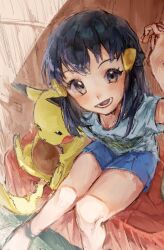 1girl :d akari_(pokemon) akebwanwan arm_up black_hair blue_shorts commentary_request eyelashes gen_1_pokemon grey_eyes hair_ornament hairclip knees long_hair looking_at_viewer lower_teeth_only nintendo open_mouth pikachu pokemon pokemon_(creature) pokemon_legends:_arceus print_shirt shirt short_sleeves shorts sitting smile t-shirt teeth