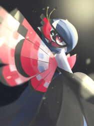 1girl absurdres alternate_color backlighting bare_shoulders black_background black_gloves black_skirt blue_hair bob_cut butterfly_wings clothed_pokemon colored_skin cosplay creatures_(company) elbow_gloves female_focus from_behind game_freak gardevoir gen_3_pokemon gen_6_pokemon gloves hair_over_one_eye highres insect_wings light_particles looking_at_viewer looking_back mame_(nanase_pk) mask masquerade_mask mega_gardevoir mega_pokemon nintendo one_eye_covered pokemon pokemon_(creature) red_eyes red_wings shiny_pokemon short_hair simple_background skirt solo standing topless_female vivillon vivillon_(cosplay) white_skin wings