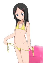 Rule 34 | 1girl, bare shoulders, bikini, black hair, blue eyes, bubukka, collarbone, commentary request, female focus, flat chest, hair ornament, hairclip, long hair, looking down, navel, original, side-tie bikini bottom, simple background, solo, swimsuit, untied bikini, white background, yellow bikini