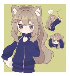1girl ahoge animal_ear_fluff animal_ears arms_up ball bandaid bandaid_on_head blue_jacket blue_shorts blush border brown_hair cat_ears cat_girl chibi closed_mouth cowboy_shot cropped_legs crossed_bandaids green_background green_eyes hair_between_eyes hair_ornament hairclip highres holding holding_ball jacket kipfel_(vrchat) long_hair long_sleeves looking_at_viewer multiple_views outside_border ponytail shorts sidelocks simple_background tail throwing track_jacket very_long_hair volleyball volleyball_(object) vrc_kotone vrchat white_border x_mouth zipper zipper_pull_tab