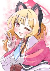 1girl animal_ear_headphones animal_ears blonde_hair blue_archive blue_necktie blush bow bright_pupils cat_ear_headphones cat_ears collared_shirt commentary fake_animal_ears fang hair_bow halo hand_up headphones highres hood hood_down hooded_jacket jacket long_sleeves looking_at_viewer low-tied_sidelocks medium_hair momoi_(blue_archive) multicolored_jacket necktie off_shoulder one_eye_closed open_mouth parted_bangs pink_background pink_halo pink_hood pink_jacket red_bow red_eyes reiremi school_uniform shirt sidelocks smile solo suspenders upper_body w white_background white_jacket white_pupils white_shirt wing_collar