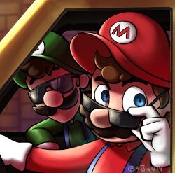 2boys blue_eyes brothers brown_hair facial_hair gloves hat highres luigi mario mario_(series) motor_vehicle multiple_boys mustache nintendo overalls siblings sitting sunglasses the_super_mario_bros._movie upper_body van wheel