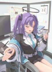 1girl absurdres black_jacket black_skirt blue_archive blue_necktie blush book chocolate closed_eyes food hair_between_eyes highres holding holding_chocolate holding_food jacket long_hair monitor necktie on_chair open_mouth pointing pointing_up purple_hair shirt sidelocks sitting skirt tablet_pc two_side_up white_jacket white_shirt yusuna yuuka_(blue_archive)
