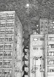 1other apartment building cityscape commentary full_moon greyscale hatching_(texture) highres imminent_suicide kabuno_(camphora) monochrome moon night night_sky original outdoors power_lines scenery sky standing window woven_hatching