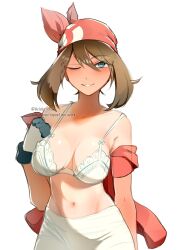 1girl ariekochan bandana blue_eyes blush bra breasts brown_hair creatures_(company) game_freak gloves highres lace looking_at_viewer may_(pokemon) nintendo one_eye_closed open_clothes pokemon pokemon_rse red_bandana red_shirt shirt shorts smile solo underwear white_bra white_shorts