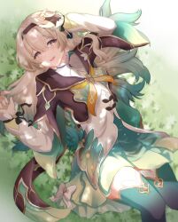1girl arm_up black_hairband blush breasts bridal_gauntlets dress firefly_(honkai:_star_rail) gradient_hair grass green_dress green_hair green_thighhighs grey_hair hair_between_eyes hairband highres honkai:_star_rail honkai_(series) long_hair looking_at_viewer mako_cvyt5325 medium_breasts multicolored_hair neckerchief on_grass open_mouth orange_eyes orange_neckerchief shade smile solo thighhighs tree_shade