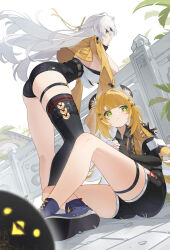 +_+ 2girls absurdres animal_ear_fluff ass bird black_bird black_gloves black_shirt black_shorts black_thighhighs blonde_hair breasts collared_shirt colored_inner_hair commentary_request eating fingerless_gloves food freeeeeeeeeee gloves green_eyes grey_hair hair_ornament high-waist_shorts highres holding holding_food jacket ju_fufu large_breasts long_hair looking_at_viewer looking_to_the_side multicolored_hair multiple_girls shirt shorts single_thighhigh sitting steamed_bun thigh_strap thighhighs thighs very_long_hair white_hair yellow_eyes yellow_jacket yi_xuan_(zenless_zone_zero) zenless_zone_zero