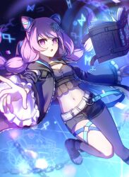 1girl :o belt black_coat black_shoes black_shorts black_sleeves blue_hair book braid breasts cali_(cali_me202) chain cleavage coat commentary_request cone_hair_bun crop_top detached_sleeves floating floating_book floating_hair floating_object frilled_sleeves frills hair_bun hair_ornament highres long_hair looking_at_viewer midriff multi-tied_hair multicolored_hair navel official_alternate_costume open-toe_shoes open_clothes open_coat open_mouth pink_eyes pink_hair semba_tsuruko shoes short_shorts shorts sidelocks small_breasts solo standing standing_on_one_leg streaked_hair swept_bangs thigh_strap tribe_nine twin_braids twitter_username watermark white_belt wide_sleeves