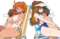 2boys 2girls :q absurdres age_difference beach_chair between_breasts bikini blue_one-piece_swimsuit breasts brown_eyes brown_hair chair commentary ebora english_commentary face_between_breasts fate/grand_order fate_(series) fujimaru_ritsuka_(female) fujimaru_ritsuka_(female)_(brilliant_summer) hair_ornament hair_scrunchie head_between_breasts hetero highleg highleg_one-piece_swimsuit highres kishinami_hakuno_(female) large_breasts long_hair multiple_boys multiple_girls official_alternate_costume on_chair one-piece_swimsuit one_side_up onee-shota orange_bikini orange_eyes orange_hair orange_scrunchie scrunchie sex shota side-tie_bikini_bottom sideboob small_breasts smile striped_bikini striped_clothes swimsuit tan tanline tongue tongue_out two-tone_one-piece_swimsuit visor_cap white_background white_one-piece_swimsuit