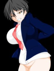 Rule 34 | 1girl, angry, artist request, black hair, bottomless, breasts, brown eyes, clenched teeth, female focus, huge breasts, large breasts, looking at viewer, naked shirt, necktie, original, shirt, short hair, solo, teeth