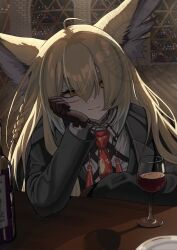 1girl alcohol animal_ear_fluff animal_ears arknights black_coat black_jacket blonde_hair braid brown_gloves closed_mouth coat coat_on_shoulders fox_ears fox_girl gloves hair_over_one_eye hand_on_own_cheek hand_on_own_face highres jacket long_hair looking_at_viewer necktie orange_eyes red_necktie scar scar_on_face shinhima shirt sidelocks single_braid smile solo upper_body vulpisfoglia_(arknights) white_shirt wine