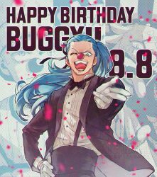 Rule 34 | 1boy, absurdres, abunaideka, arm up, beard stubble, black bow, black bowtie, black jacket, black pants, black suit, blue eyes, blue hair, bow, bowtie, buggy the clown, character name, clown nose, collared shirt, commentary request, confetti, dated, english text, eyelashes, facial hair, floating hair, formal clothes, gloves, hand on own hip, happy birthday, highres, jacket, lapels, long hair, long sleeves, male focus, multiple views, one eye closed, one piece, open clothes, open jacket, outstretched arm, pants, sanpaku, shirt, shirt tucked in, standing, stubble, suit, suit jacket, suspenders, teeth, tongue, tongue out, very long hair, white gloves, white shirt