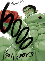 Rule 34 | 1boy, abs, absurdres, bara, beard, blush, body writing, censored, completely nude, crotch, ears down, english text, facial hair, foreshortening, from behind, full beard, highres, huge pectorals, male focus, mature male, milestone celebration, muscular, muscular male, nipples, nude, orc, original, penis, penis focus, perspective, scribble censor, solo, strongman waist, sweat, tamineko, thank you, thick eyebrows, thick thighs, thighs, tusks, very sweaty