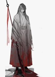 1boy absurdres blood blood_on_clothes blood_on_ground blood_on_hands blood_on_shoes bloody_weapon blue_eyes boots chinese_clothes closed_mouth commentary full_body guan_dao half_updo hanfu heterochromia high_ponytail highres holding holding_polearm holding_weapon hong_lu_(project_moon) limbus_company long_hair long_sleeves looking_at_viewer male_focus munh422 o-ring partially_colored polearm ponytail project_moon sash solo standing symbol-only_commentary weapon wide_sleeves yaopei
