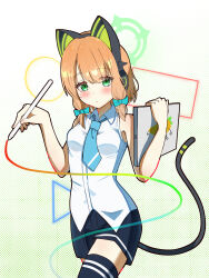 1girl :/ absurdres animal_ear_headphones animal_ears aqua_bow aqua_necktie bare_arms black_shorts black_tail black_thighhighs blonde_hair blue_archive blunt_bangs blush bow breasts cat_ear_headphones cat_ears cat_tail clip_studio_paint_(medium) closed_mouth collared_shirt commentary cowboy_shot dotted_background eyelashes eyes_visible_through_hair fake_animal_ears fake_tail fingernails gradient_background green_background green_eyes green_halo hair_bow halo hands_up headphones highres holding holding_stylus holding_tablet_pc looking_at_viewer low-tied_sidelocks making-of_available mangguoranliao medium_hair midori_(blue_archive) necktie no_jacket parted_bangs shirt short_shorts shorts sidelocks sleeveless sleeveless_shirt small_breasts solo stylus tablet_pc tail tail_raised thighhighs untucked_shirt white_shirt wing_collar