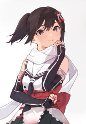 1girl alternate_hairstyle black_hair black_neckerchief black_skirt brown_eyes buttons commission double-breasted elbow_gloves gauntlets gloves gradient_background kantai_collection mitsuyo_(mituyo324) neckerchief orange_shirt ponytail sailor_collar scarf school_uniform sendai_(kancolle) sendai_kai_ni_(kancolle) serafuku shirt skirt sleeveless sleeveless_shirt solo upper_body white_background white_sailor_collar white_scarf