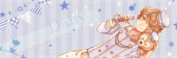 1boy animal_ears animification character_name duffy_and_friends duffy_the_disney_bear hat holding humanization long_sleeves looking_at_viewer mizala personification shirt short_hair simple_background smile solo stuffed_animal stuffed_toy teddy_bear
