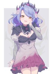 1girl :d absurdres alternate_costume blue_hair blush breasts cleavage colored_inner_hair dress flower grey_background hair_flower hair_ornament hand_on_own_cheek hand_on_own_face highres joshua_dave juliet_sleeves juno_(warship_girls_r) long_sleeves looking_at_viewer medium_breasts multicolored_hair open_mouth puffy_sleeves purple_hair rose smile solo teeth two-tone_background upper_teeth_only virtual_youtuber warship_girls_r yellow_eyes