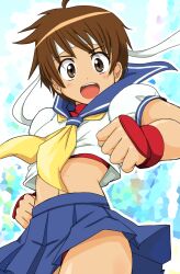 Rule 34 | 1girl, blue sailor collar, blue skirt, brown eyes, brown hair, capcom, female focus, fingerless gloves, gloves, headband, highres, kasugano sakura, matching hair/eyes, midriff, panties, red gloves, red panties, sailor collar, sailor crest, school uniform, serafuku, short hair, skirt, solo, street fighter, street fighter zero (series), underwear, white headband