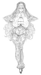 Rule 34 | 1girl, arm at side, borrowed character, breasts, cleavage, cleavage cutout, clothing cutout, curvy, dress, francoise (eurasia), full body, greyscale, hand on own chest, highres, huge breasts, indinu, long bangs, long dress, long hair, long sleeves, monochrome, navel, navel cutout, nun, one eye closed, original, parted lips, solo, standing, tight clothes, tight dress, veil, very long hair, wavy hair, wide hips