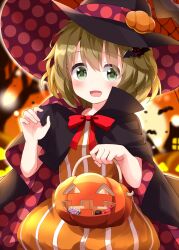 1girl :d artistic_error basket bat_hair_ornament black_cloak black_hat blurry blurry_background blush candy cloak commentary_request cowboy_shot dress drooling food fuwafuwa_patisserie green_eyes green_hair hair_ornament halloween halloween_bucket hands_up hashibami_natsu hat hat_ornament highres holding holding_basket looking_at_viewer mouth_drool open_mouth orange_dress polka_dot pumpkin_hat_ornament red_cloak red_ribbon ribbon ruu_(tksymkw) short_hair smile solo two-sided_cloak two-sided_fabric witch_hat