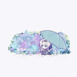 1girl black_hairband blush bridal_gauntlets bush firefly_(honkai:_star_rail) gradient_eyes gradient_hair grey_hair hair_between_eyes hair_intakes hair_ribbon hairband holding holding_umbrella honkai:_star_rail honkai_(series) jacket leggings long_hair macaroon_mcr2 multicolored_eyes multicolored_hair no_mouth rain ribbon simple_background single_bridal_gauntlet solo squatting umbrella water_drop white_background